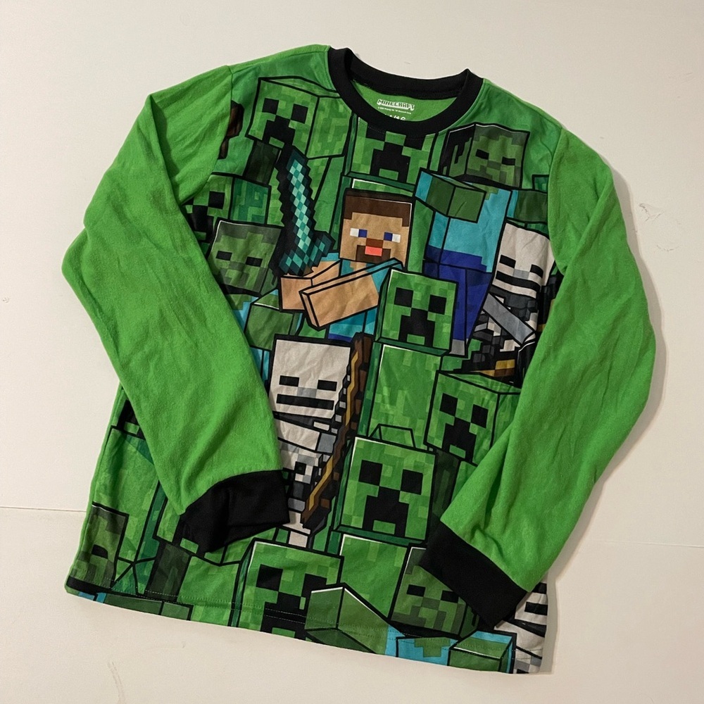 Minecraft Sleeper Pajama Top Shirt Size 14/16 Flame Resistant Green Long Sleeve